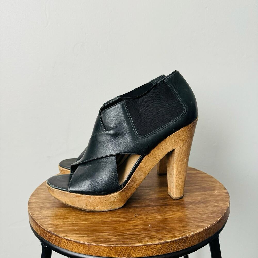 Theory Black Leather Cross Strap Platform Heels Women’s Size 8